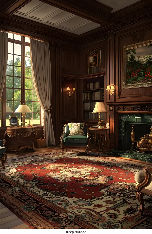 Luxurious Home Library with Fireplace and Bookshelves