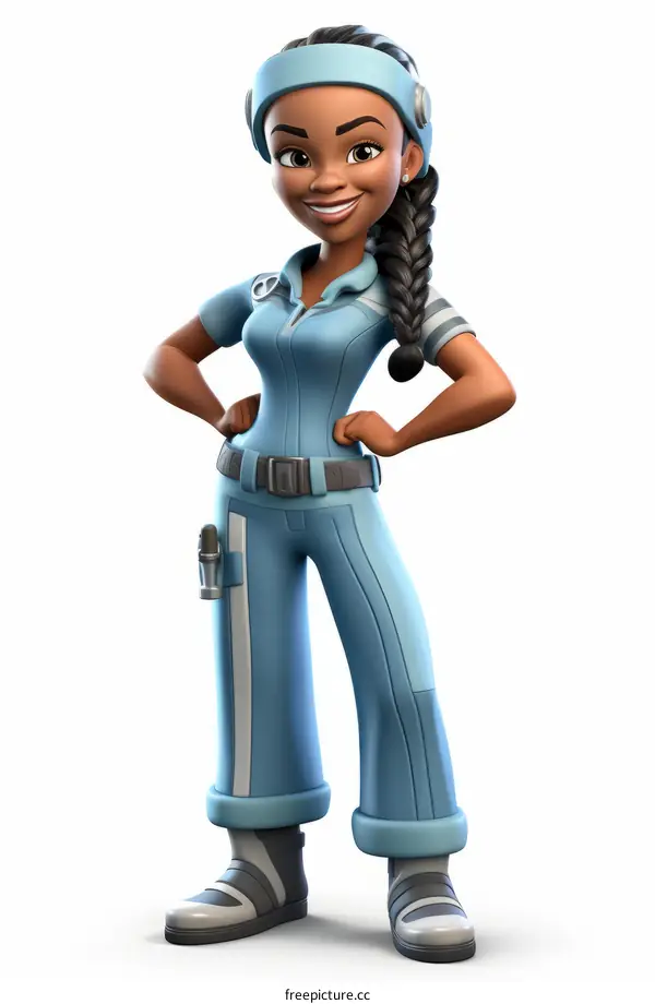 Black woman cartoon character wearing blue jumpsuit