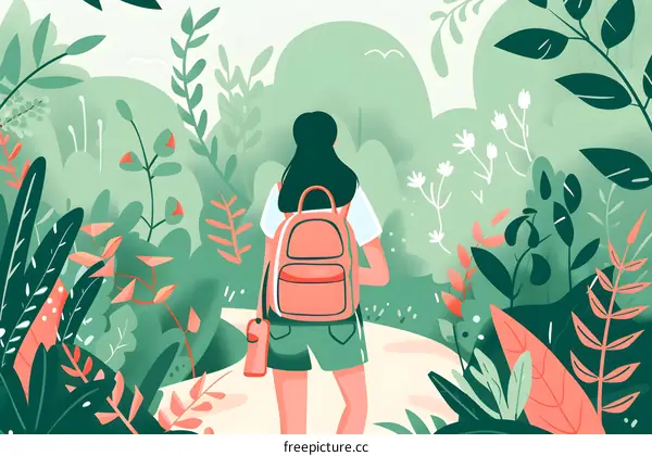 Woman Hiking in Lush Green Forest