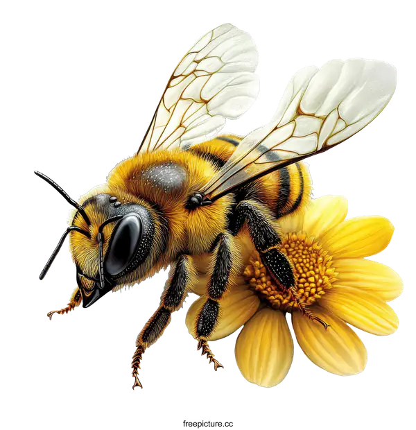 [Transparent Background PNG]Detailed Illustration of a Honey Bee on a Flower