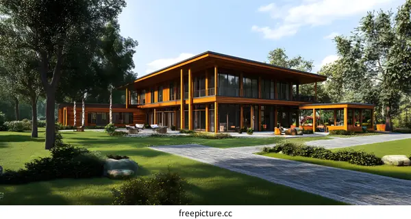Modern Wooden House with Green Lawn and Trees