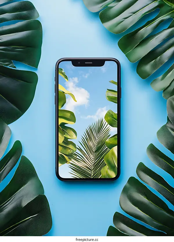 Tropical Leaves Surrounding a Smartphone With a Tropical Background