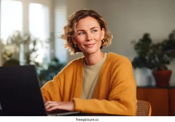 Smiling Woman Working on Laptop at Home