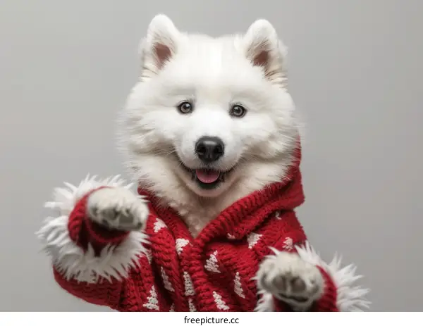 A cute Samoyed dog wearing a red Christmas sweater with white snowflakes
