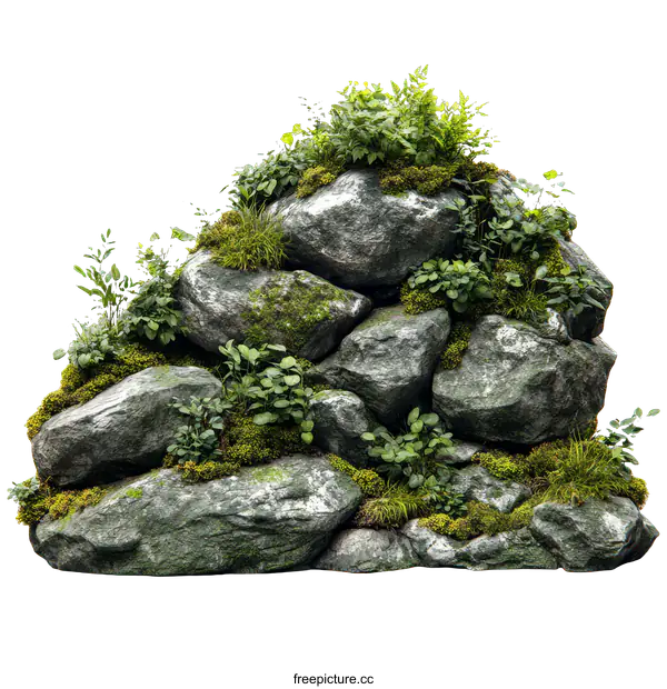[Transparent Background PNG]3D Model of a Rock and Moss Landscape Design