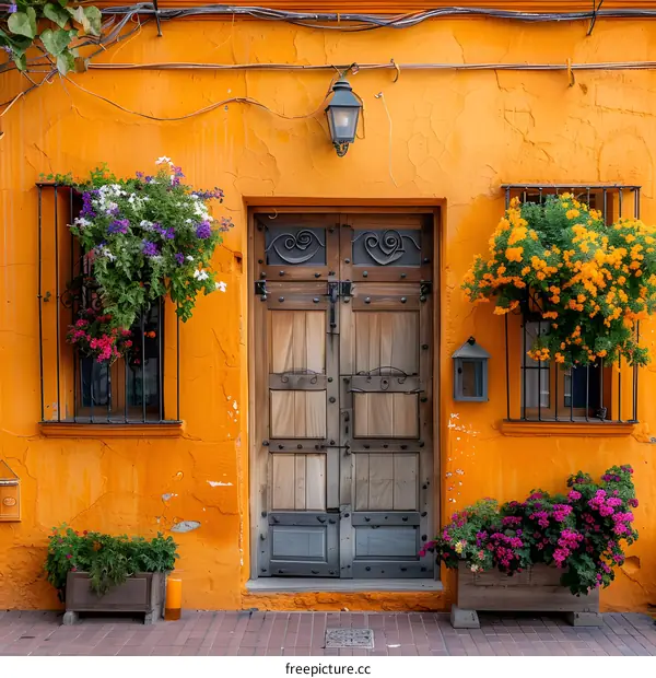Orange Building with Wooden Door and Flowers