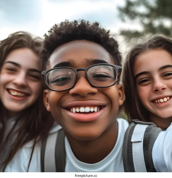 Three Friends Smiling Together For A Selfie
