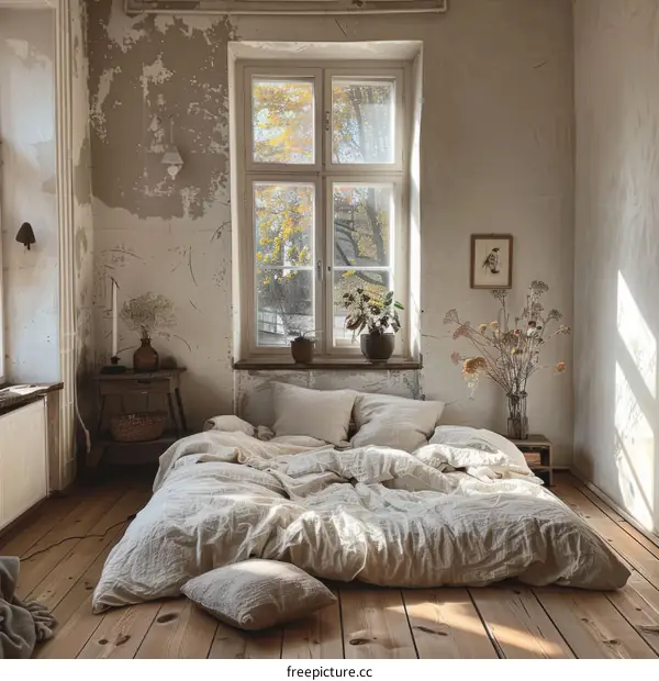 Cozy Bedroom with Large Window and Bed