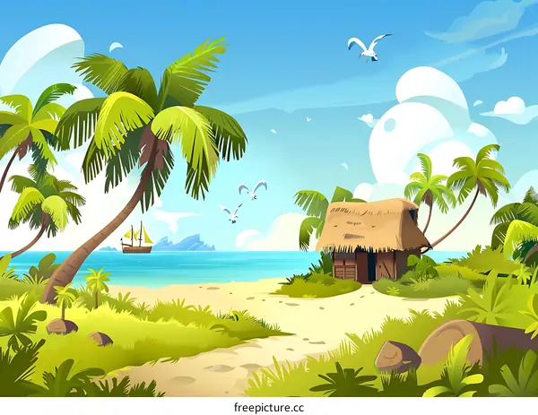 Tropical Island Beach Scene with Palm Trees, Hut and Ocean