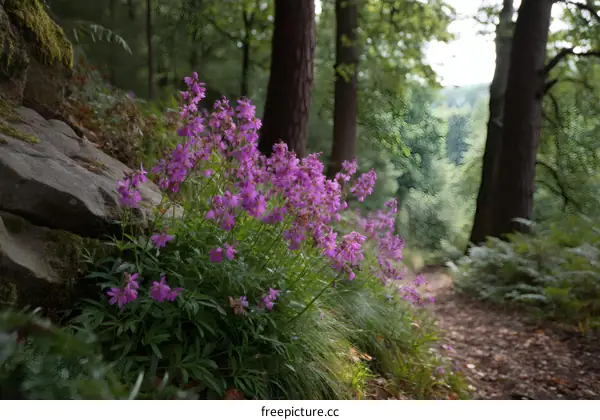 Forest Path with Purple Flowers and Rocks