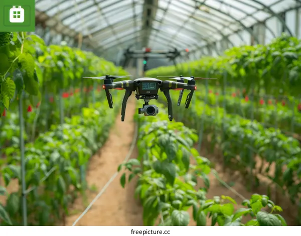 Drone flying over a greenhouse full of green plants