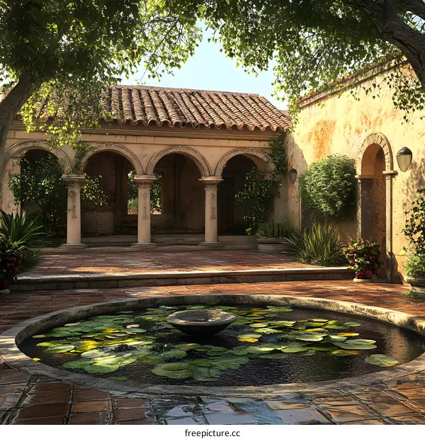 Peaceful Courtyard with Pond and Archway
