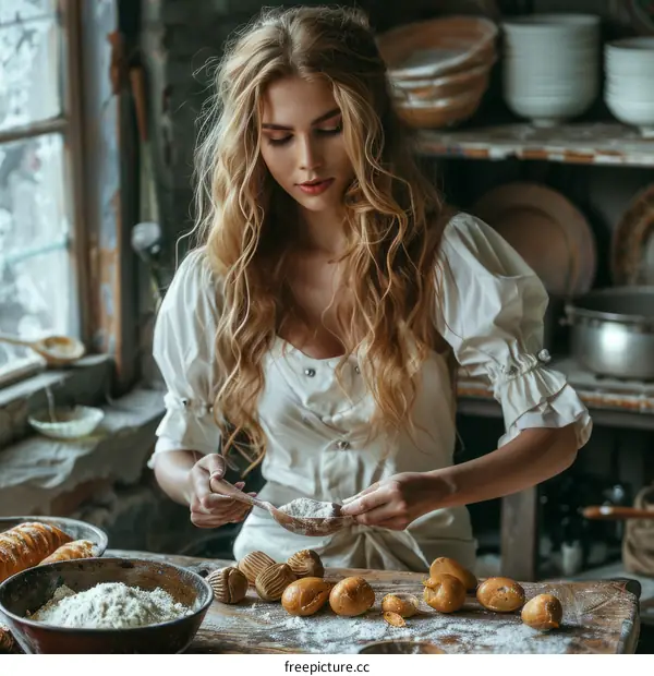 Blonde woman sifts flour over bread rolls while cooking in her kitchen