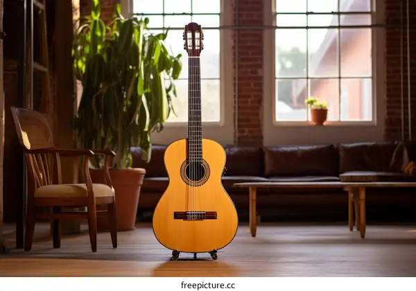 Classical Guitar in a Brick Room with Large Windows