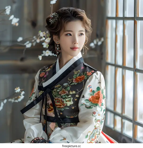 A beautiful young woman in a traditional Korean hanbok dress is sitting by the window.