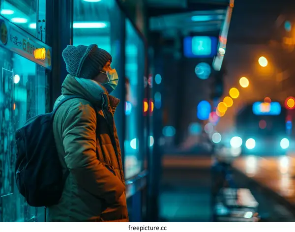 A lone man wearing a mask waits at a bus stop at night