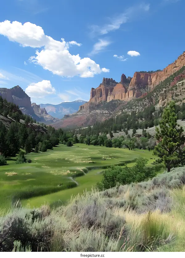 The lush valley is surrounded by colorful cliffs