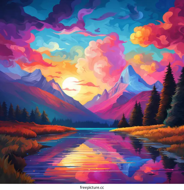 vibrant mountain landscape with river and trees