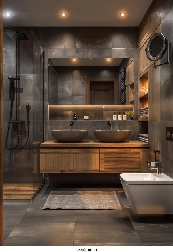 Modern bathroom interior design with wooden elements