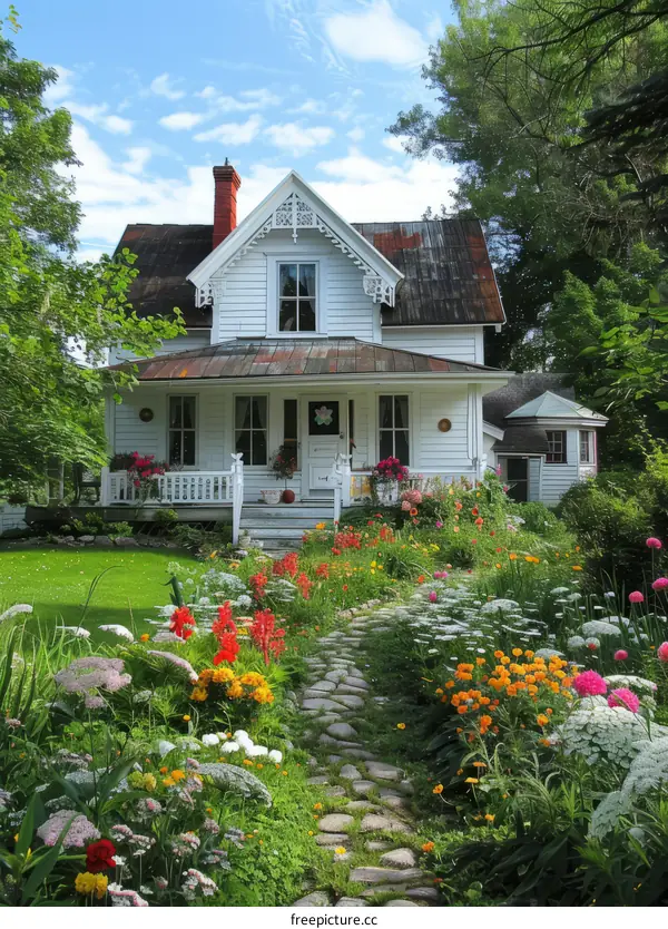 Charming White Cottage with Colorful Flower Garden