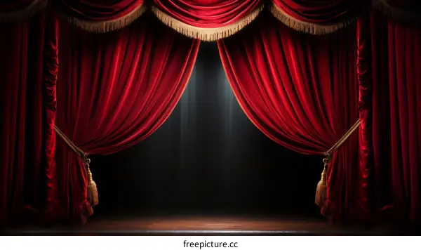 Red stage curtain with spotlight on empty stage