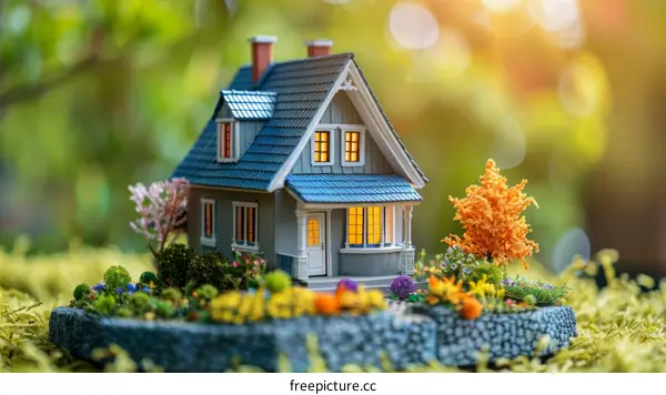 A Small Model House Sitting on a Patch of Green Grass