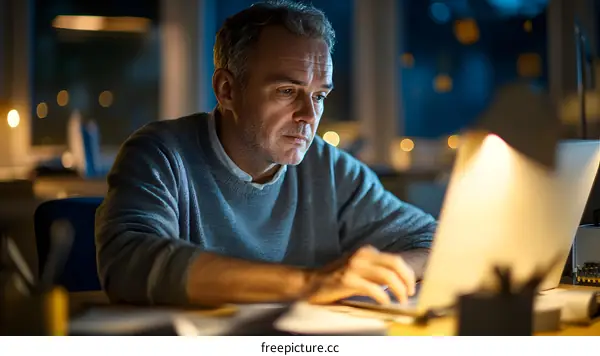 Caucasian Man Working Late at Night on Laptop in Office