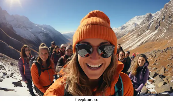 A group of hikers pose for a photo on a mountaintop.
