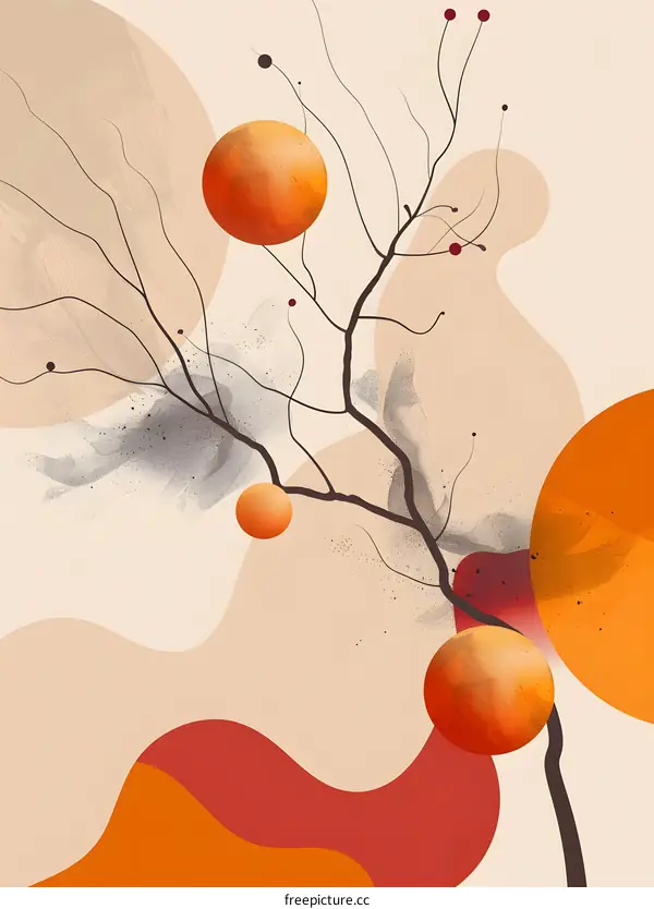 Abstract Art with Orange Circles and a Branch