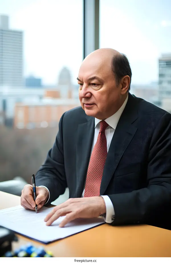 Businessman Signing Document at Desk