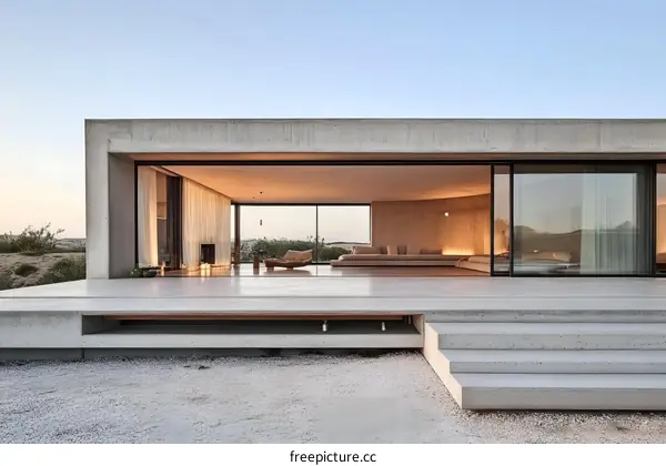 Modern Concrete House with Large Windows and Patio