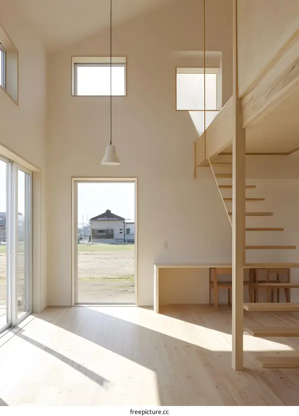 Modern Minimalist House Interior Design with Wooden Stairs and Natural Light