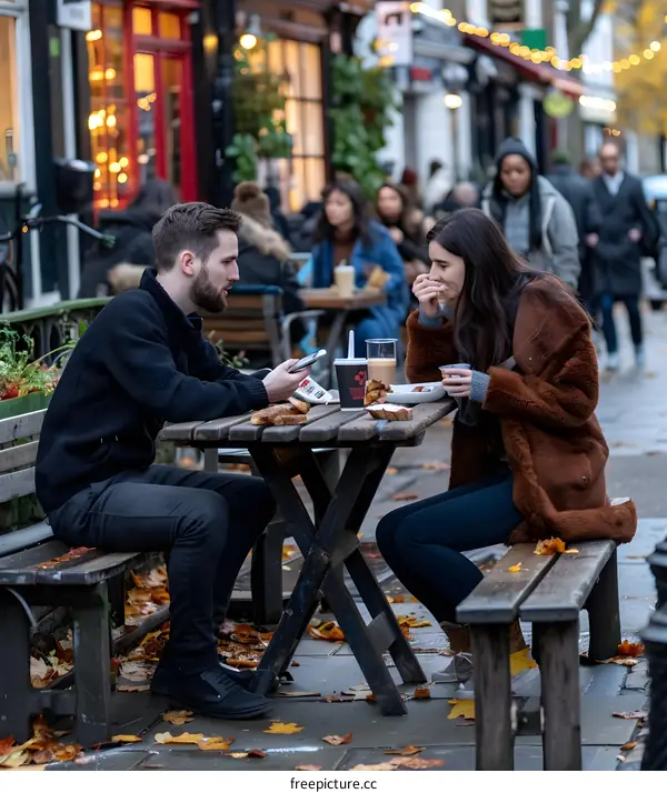 Couple Enjoying Coffee and Pastries at Outdoor Cafe