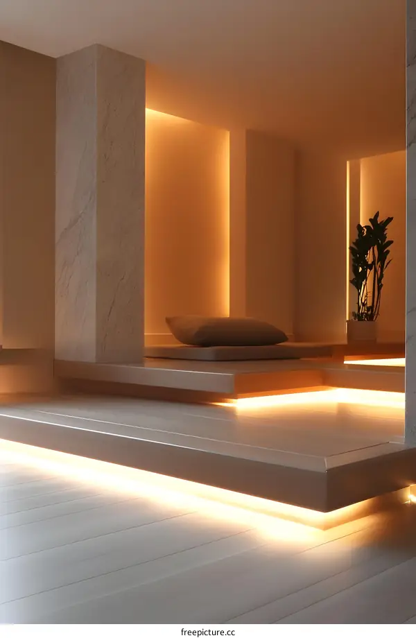 Minimalist Modern Interior Design with Warm Lighting and Wooden Steps