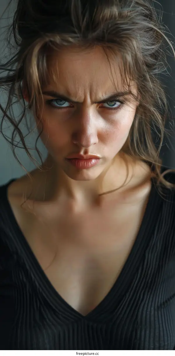 Portrait of an Angry Young Woman with Frowning Face