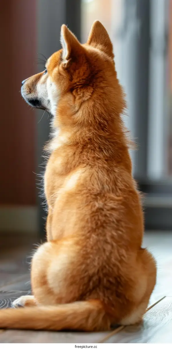 A ginger dog is sitting with its back to the camera