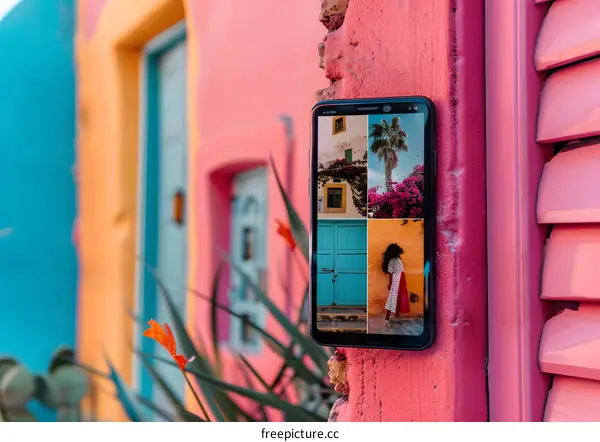 Smartphone with Collage of Photos of Colorful Buildings and Palm Tree
