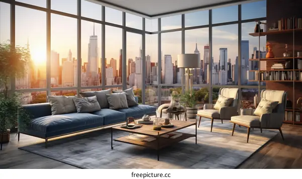 Modern living room interior with large windows and city view