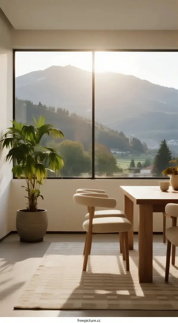 Sunlit Dining Room with Mountain View and Indoor Plant