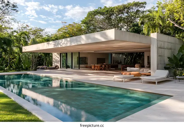 Modern Minimalist House with Swimming Pool and Lush Greenery