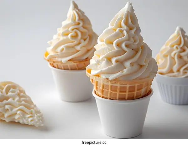 Three ice cream cones with a white background