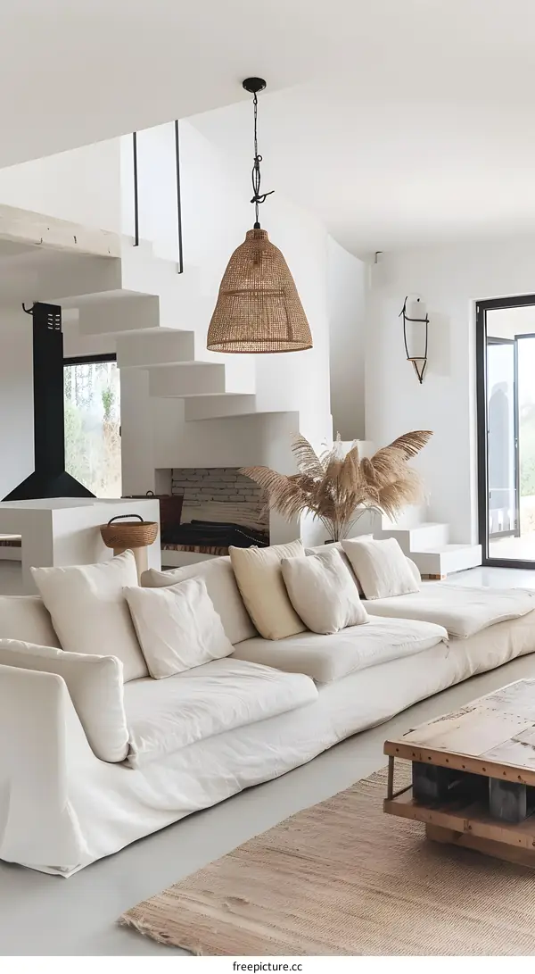 Minimalist Living Room Interior Design with White Sofa and Rattan Light Fixture