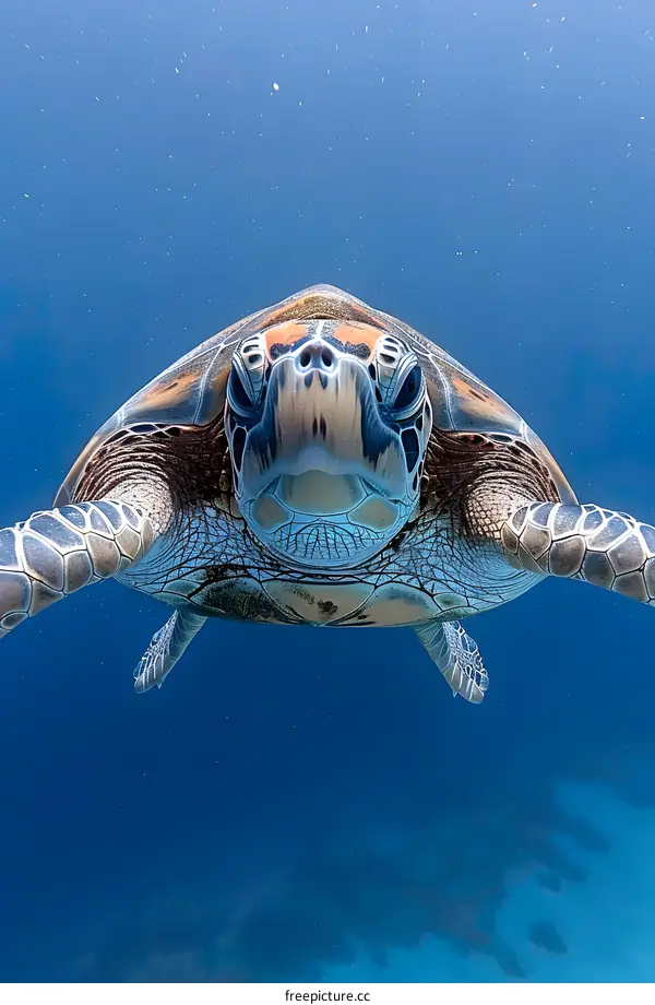 Sea Turtle Swimming in Blue Water
