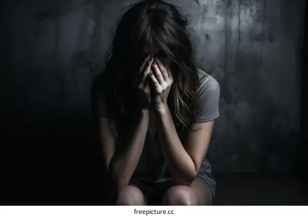 woman in gray shirt covering her face with hands