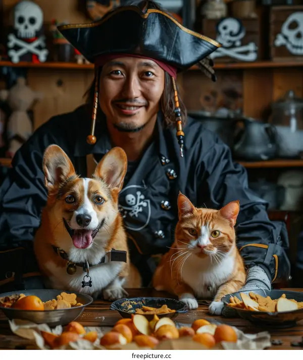 A Man and His Pets in Pirate Costumes