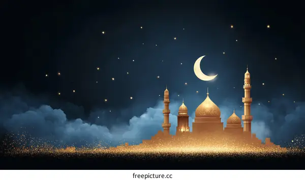 Golden Mosque at Night Sky with Crescent Moon