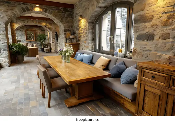 Rustic Dining Area with Stone Walls