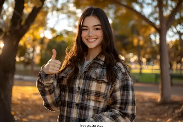 Smiling Woman Giving Thumbs Up in Park During Fall