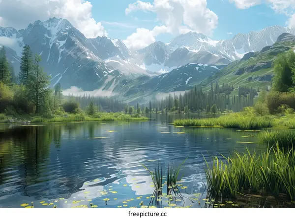 Mountain Lake with Green Grass and Lily Pads