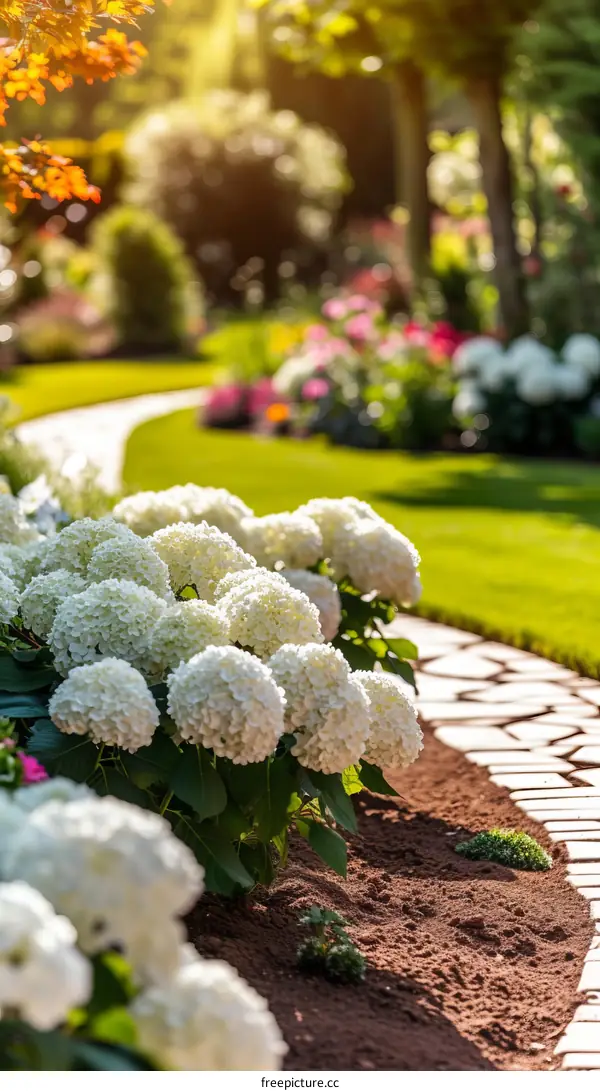 Beautiful white hydrangeas blooming in a summer garden